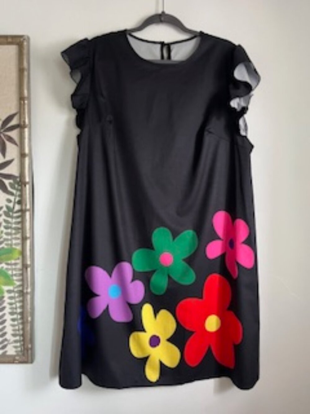 🧡3/15 Black Mini Dress Floral Graphic Ruffled Cap Sleeves 2XL